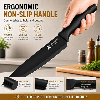 XANAPON 19-Piece Black Kitchen Knife Set with Block and Built-in Sharpener, High Carbon Stainless Steel Chef Knives Set for Kitchen with 8 Steak Knives, Ergonomic Handles, Perfect Housewarming Gift