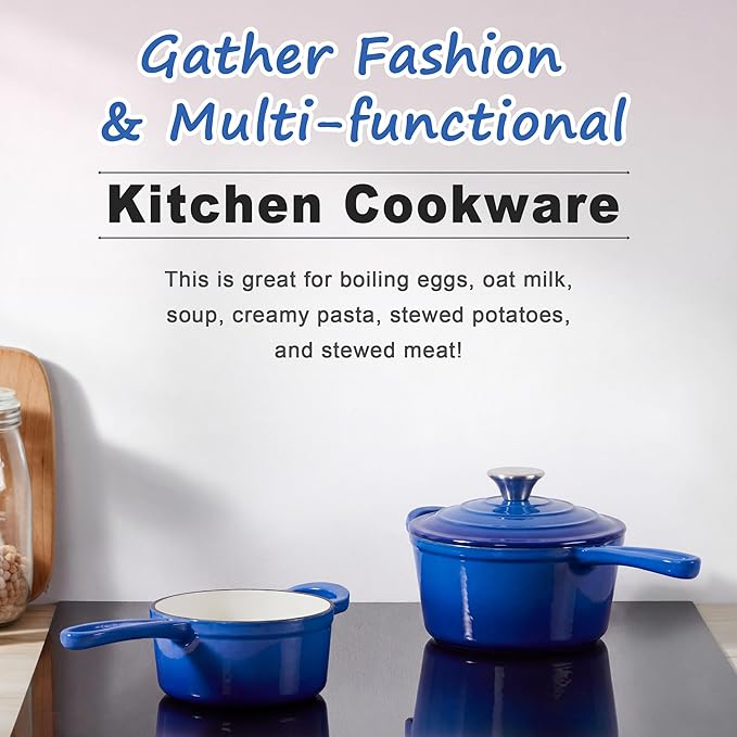 2 Pcs Enameled Sauce Pan with Lid, Leonyo 1 Qt & 2 Qt Cast Iron Saucepan Set, Small Dutch Oven Kitchen Pots for All Cooktops Cooking Pasta, Milk, Oatmeal - Up to 500°F, Dark Blue