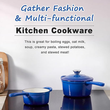 2 Pcs Enameled Sauce Pan with Lid, Leonyo 1 Qt & 2 Qt Cast Iron Saucepan Set, Small Dutch Oven Kitchen Pots for All Cooktops Cooking Pasta, Milk, Oatmeal - Up to 500°F, Dark Blue