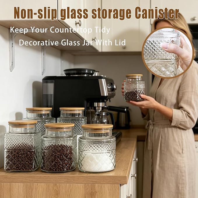 Viovian 60 OZ Vintage Glass Jar with Lid Wood Spoon Set of 2 Decorative Glass Storage Jars Airtight Lids Clear Canister Container for Food Candy Cookie Sugar Coffee Bean Tea Nuts Snack Dog Treat Vase