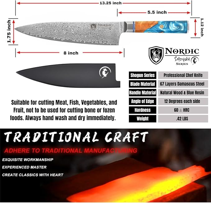 Nordic The New Shogun Series Professional 8-inch Chef Knife, 67-Layer Folded Damascus Super Steel, VG-10 Core, Rockwell 60±2 Hardness, Wood and Resin Handle, Magnetic Sheath.