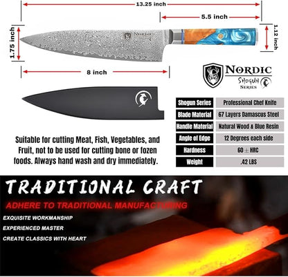 Nordic The New Shogun Series Professional 8-inch Chef Knife, 67-Layer Folded Damascus Super Steel, VG-10 Core, Rockwell 60±2 Hardness, Wood and Resin Handle, Magnetic Sheath.