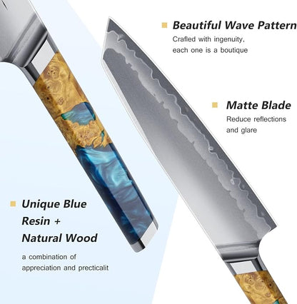 FINTISO Chef Knife 8 inch Kitchen Knife in S35VN Powder Steel Core Japanese Chef Knife, 7-Layers Clad Steel Cooking Knife Super Sharp Knife for Kitchen with Celestial Resin & Wood Handle Gift Box