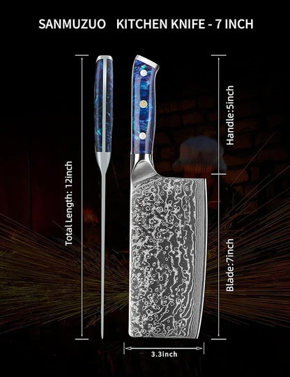 Chinese Chef Knife - 7" Cleaver Knife- Xuan Series - VG10 Damascus Steel Kitchen Knife - Resin Handle (Sapphire Blue)