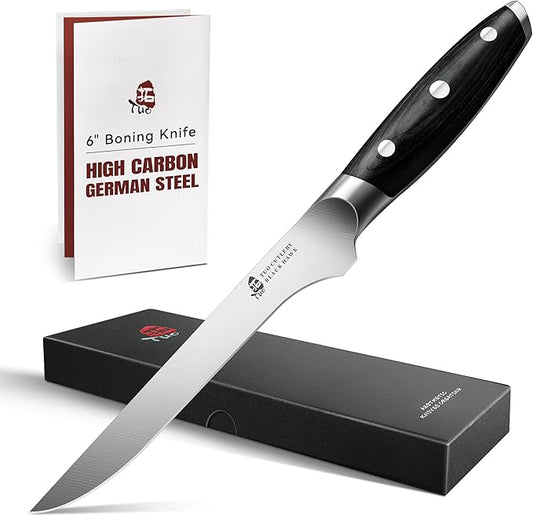 TUO Boning Knife, 6 inch Fillet Knife for Trimming Fat from Meat, Deer Skinning, Full Tang Handle, High Carbon German Steel, for Poultry Lamb Meat Cutting - Black Hawk Series