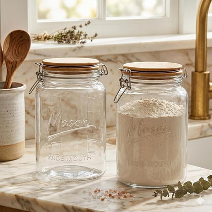 kitchentoolz 1 Gallon Mason Jars Wide Mouth with Airtight Bamboo Lids – Set of 2 Gallon Glass Jar with Lid – Large Mason Jars with Lids for Kitchen Pantry, Storage, and Canning