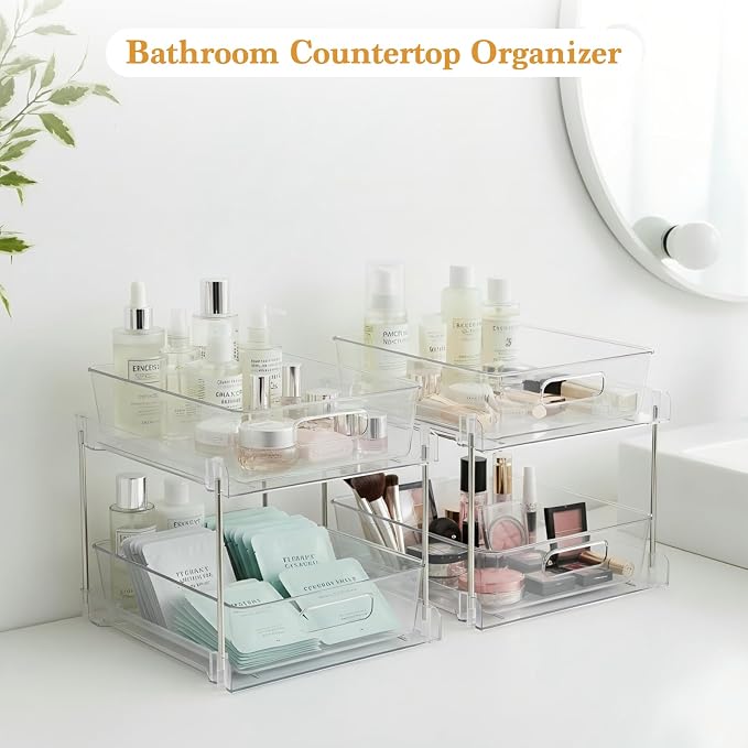 4 Pack Bathroom Organizers and Storage, 2-Tier Clear Under Sink Organizer, Vanity Counter Storage, Medicine Cabinet Organization, Pull-Out Cabinet Organizer With Track For Bathroom, Kitchen, Pantry
