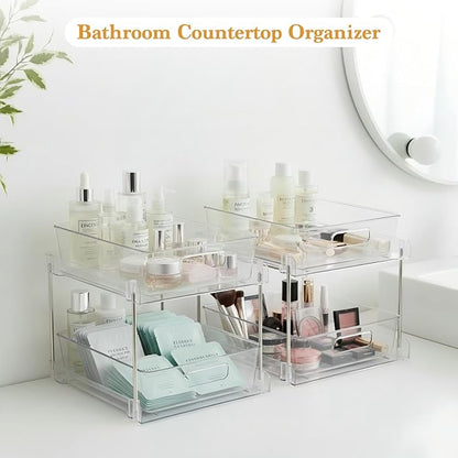 4 Pack Bathroom Organizers and Storage, 2-Tier Clear Under Sink Organizer, Vanity Counter Storage, Medicine Cabinet Organization, Pull-Out Cabinet Organizer With Track For Bathroom, Kitchen, Pantry