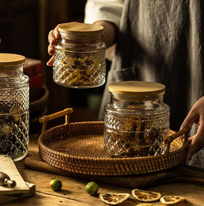 Glass Storage Jars Vintage Embossed Canisters Food Cereal Storage Containers with Bamboo Lid, Decorative Jars for Kitchen Counter,Pantry,Set 3-Piece Glass Jars in 60 oz/40 oz/20 oz (Round)
