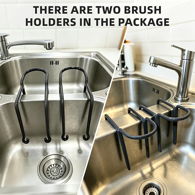 2 Packs Kitchen Sink Brush Holder, Rustproof Waterproof Dish Wand Holder, Sink Scrubber Caddy,Cover with rubber,Hanging Sponge Brush Dish Cloth Storage Rack, No Drilling One-Step Installation