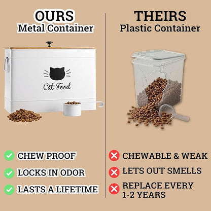 Cat Food Storage Container with Scoop - 15 lb (50 Cup) Capacity Metal Cat Food Container with Airtight Bamboo Lid & Metal Scoop - Airtight Pet Food Storage Containers - 15 lb Treats & Kibble Container