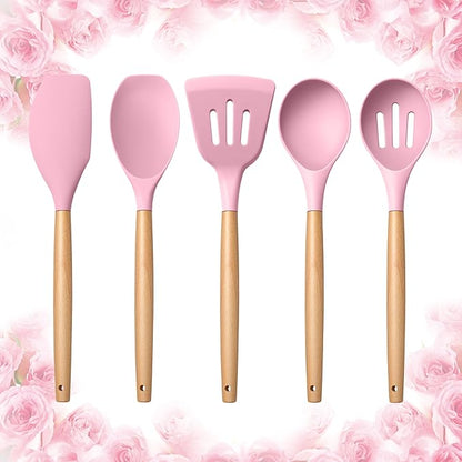 E-far Silicone Cooking Utensils Set, 5-Piece Kitchen Utensils Set with Wooden Handle for Cooking, Silicone Kitchen Nonstick Tools Spatula Turner Slotted Spoons, Nontoxic & Heat Resistant-Pink