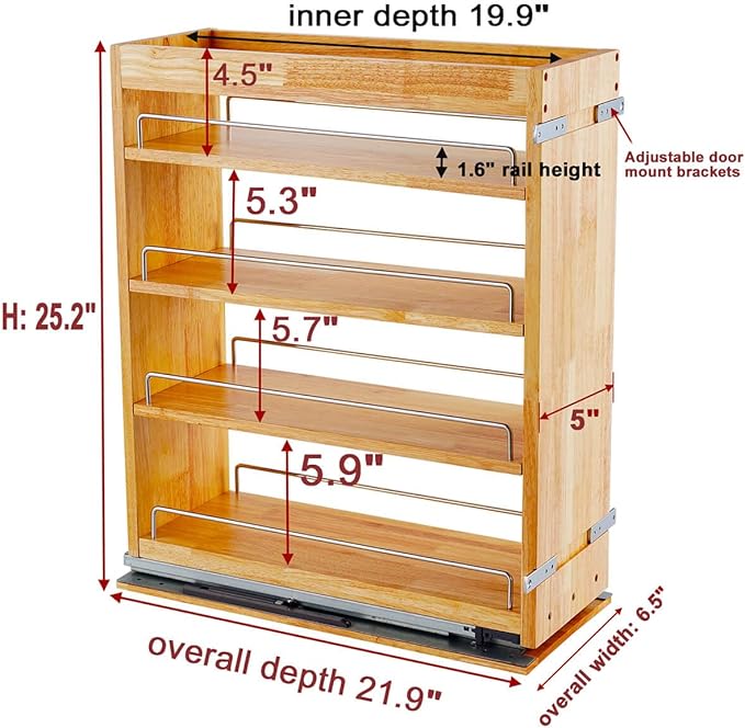OCG 4-Tier Pull Out Kitchen Cabinet Spice Rack Holder Shelves (5" W x 22" D), spice organization for cabinet Storage Organization, pull out spice racks for inside cabinets