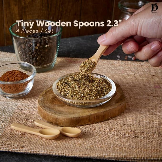 Set of 4 Handmade Tiny Wooden Spoons, 2.3” Mini Size for Salt Sugar Spices Condiments (Light Brown)