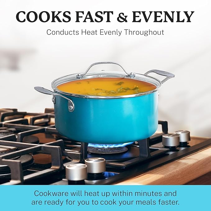 15 Pc Ceramic Pots and Pans Set Non Stick - GOTHAM STEEL Non Toxic PFAS PFOA PFOS Free, Metal Utensil Safe Aluminum Cookware Set with Steamer & Utensils, Oven Safe to 500°F, Dishwasher Ready, Blue