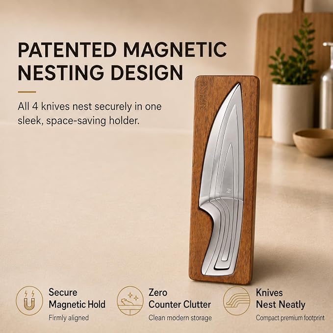 NestKnife Magnetic Kitchen Knife Set - 4 Piece VG10 High Carbon Stainless Steel Kitchen Knives with Patented Space-Saving Nesting Design & Magnetic Block - Ultra Sharp Professional Chef Knife Set