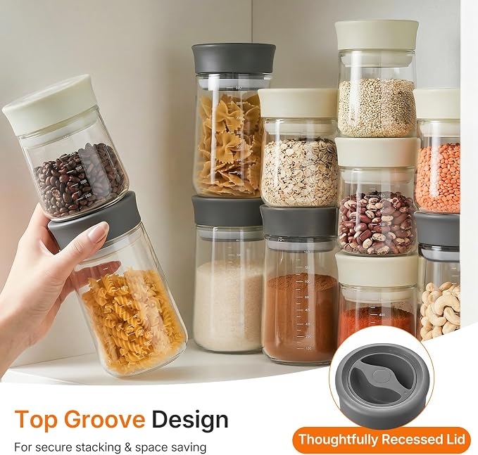 Upgraded Rotary Airtight Glass Mason Jar with Lid, NUZEAK 27oz Borosilicate Coffee Container with Silicone Seal, Stackable Food Storage Jar for Pantry, Kitchen, Coffee Bean, Nuts, Spice, Cereal, Salad
