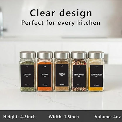 Deco haus Glass Spice Jars with Stainless Steel Lids 36 x 4oz [LABELS incl] Spice Containers with 280 Labels, Funnel & Chalk Marker - Empty Herb Seasoning Containers, Small Seasoning Bottles for Herb