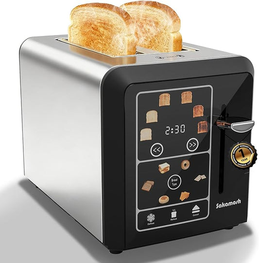 SAKAMOSH 2 Slice Touch Screen Toaster 1.3" Wide Slots for Bagels, Smart Digital Display Toaster with 6 Browning Levels & 6 Bread Types, Memory, Defrost, Reheat, Stainless Steel, 800W