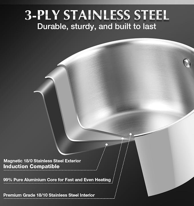 KOCH SYSTEME CS Triply Stainless Steel Saucepan Set, 1QT & 2QT & 3QT Stainless Steel Pot Set with lid, Diswasher & Oven Safe, Induction Compatible Pot, 6PCS
