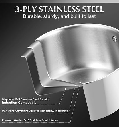 KOCH SYSTEME CS Triply Stainless Steel Saucepan Set, 1QT & 2QT & 3QT Stainless Steel Pot Set with lid, Diswasher & Oven Safe, Induction Compatible Pot, 6PCS