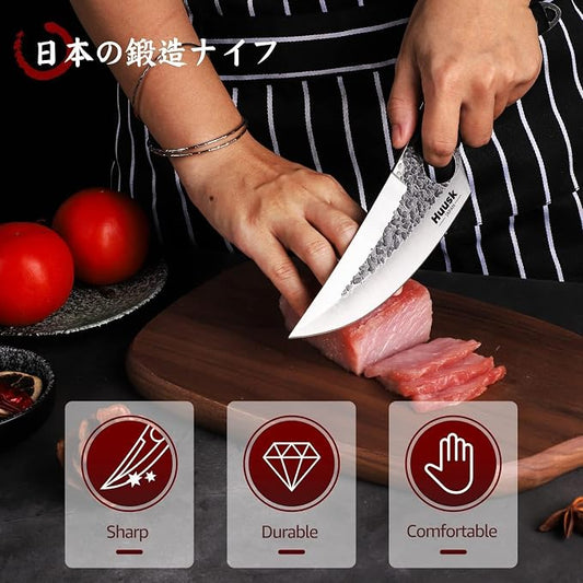 Huusk Viking Knife with Sheath Boning Knives for Meat Cutting, Caveman Ultimo Knives Hand Forged Full Tang Knives for Kitchen or Camping Christmas Gift for Men and Women