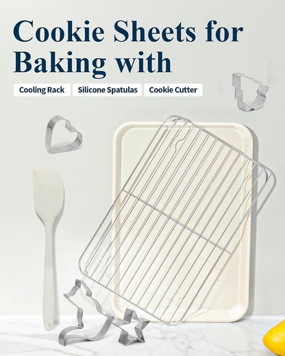 7PCS Nonstick Baking Sheet Set - 10x15in Jelly Roll Pan with Wire Rack, Silicone Spatula & 4 Cookie Cutters, Thickened Carbon Steel, Oven Safe 450°C, Sunshine Cream
