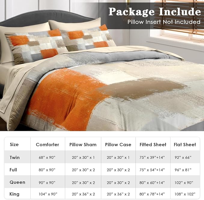 Pamnest Comforter Set Full Size, Beige Grey Abstract Painting 7 Pcs Bedding for Kids and Adults, Orange Gray Contemporary Bed Sheet Sets with Fitted Sheet 2 Pillowcase & 2 Sham for Bedroom Bed Decor