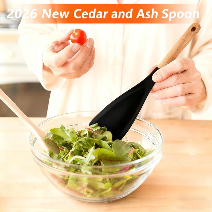 Cedar and Ash Spoon,All-in-One Cedar and Ash Spoonula,Multifunction Spatula Cooking Spoon (2 Black)