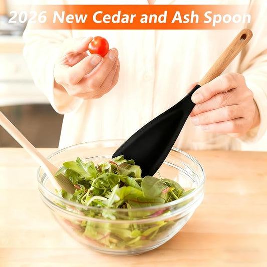Cedar and Ash Spoon,All-in-One Cedar and Ash Spoonula,Multifunction Spatula Cooking Spoon (2 Black)