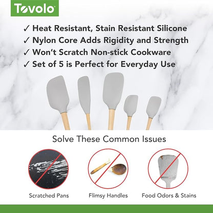 Tovolo Silicone Spatula with Wooden Handle Set of 5 Piece Silicone Kitchen Utensil Set Spoonula Jar Scraper Mini Spatula and Spoonula for Cooking Baking Mixing Folding Oyster Gray