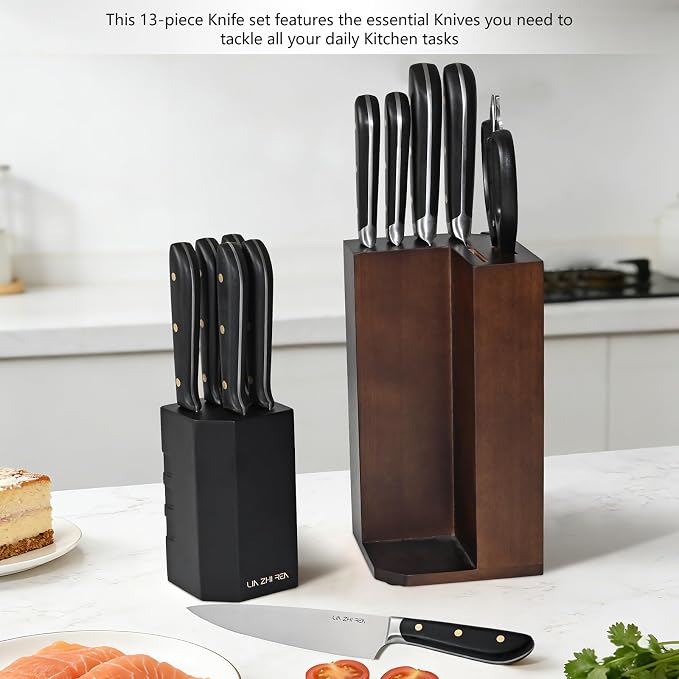 Kitchen Knife Set, 13 Pieces German Stainless Steel Knife Block Set for Chopping, Professional Chef Knife, Lightweight, Black Anti-slip Handle, Dishwasher Safe（black）