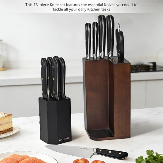 Kitchen Knife Set, 13 Pieces German Stainless Steel Knife Block Set for Chopping, Professional Chef Knife, Lightweight, Black Anti-slip Handle, Dishwasher Safe（black）