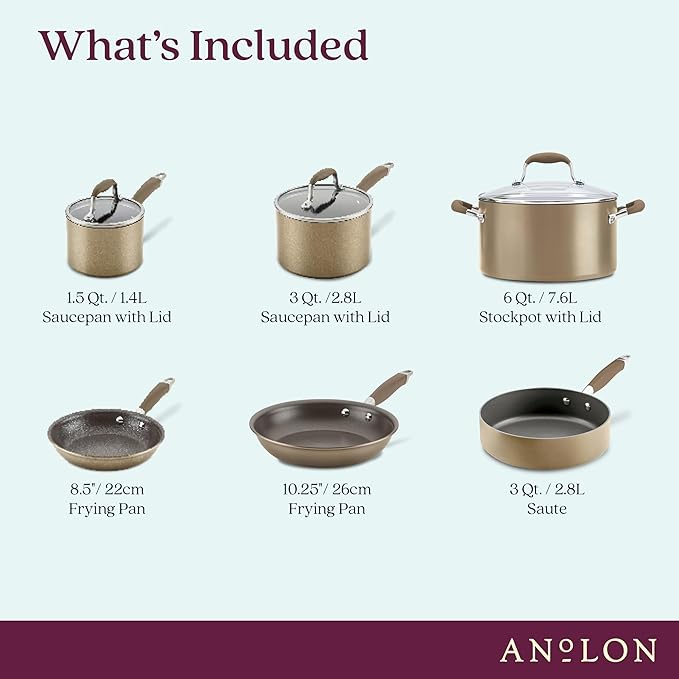 Anolon Advanced Home Hard Anodized Nonstick Cookware Set, Non Stick Pots and Pan Set, 9-Piece, Bronze