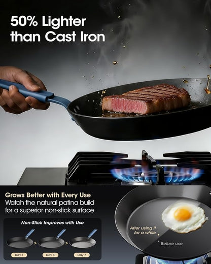 Carbon Steel Frying Pan Set 8 & 10 Inch, Nitrided Carbon Steel Skillet Duo, Preseasoned Rust Resistant Cookware, Induction & Oven Safe Kitchen Cooking Pans