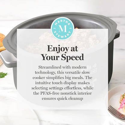 Martha Stewart 8 QT Slow Cooker, Programmable with Timer, 3 Heat Settings (Low, High, Warm), Nonstick Ceramic Removable Crock, Stovetop & Oven Safe, Glass Lid, Simmer, Reheat, Warm, Caviar