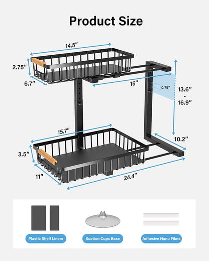 Under Sink Organizer Storage for Families: Pull Out Storage Undersink Organizers Drawer Cabinet - Sliding 2 Tier Rack Metal Organization Under Counter Kitchen Bathroom for Homemakers(Black,2 Pack)