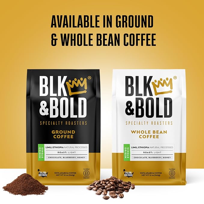 BLK & Bold Whole Bean Coffee, Limu Ethiopia Light Roast, Single Origin Coffee Beans, Chocolate Blueberry Honey Notes, Fresh Roasted Coffee for Drip, French Press, Cold Brew & Espresso, 12 oz Bags (2 Pack)