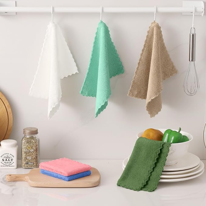 Kitinjoy 24 Pack Kitchen Dish Cloths, Super Soft and Absorbent Dish Cloths, Coral Velvet Microfiber Cleaning Cloth (7" x 9", Tan/Sky Blue/Pink/Grass Green/Green/White)