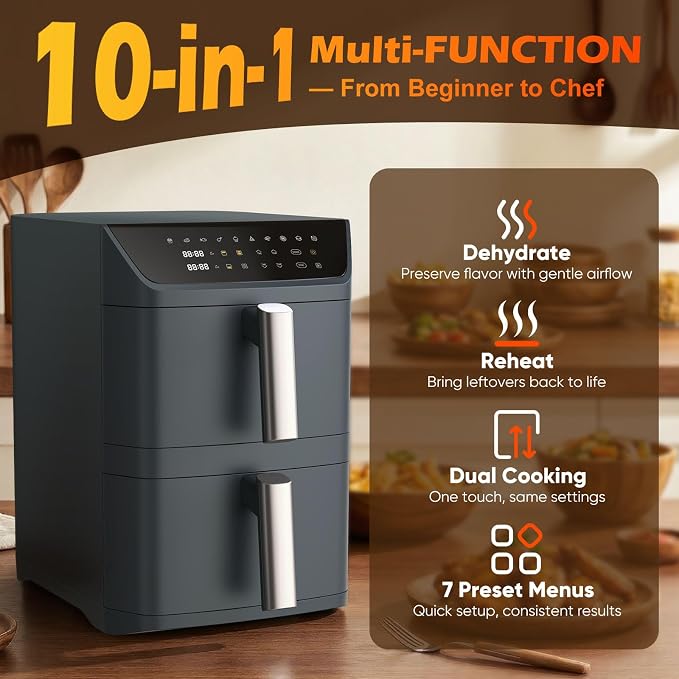 Dual Basket Air Fryer, 12.6QT Family-Size for 10–12 People, XL Basket for 6LB Whole Chicken, DoubleStack Compact Design, 10-in-1 Functions with Reheat, Dehydrate & SyncFinish, Dishwasher-Safe, Black