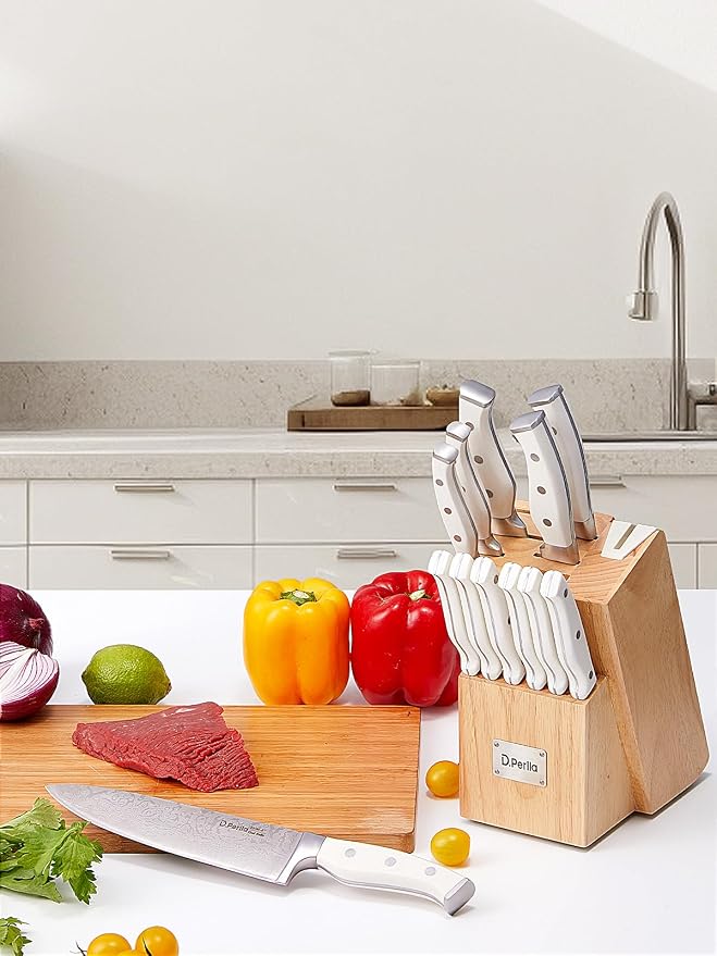 Knife Set, D.Perlla 15 Pieces Kitchen Knife Set with Built-in Sharpener, High Carbon Stainless Steel Kitchen Knife Block Set with Unique Waved Pattern, Non-slip Handle, White