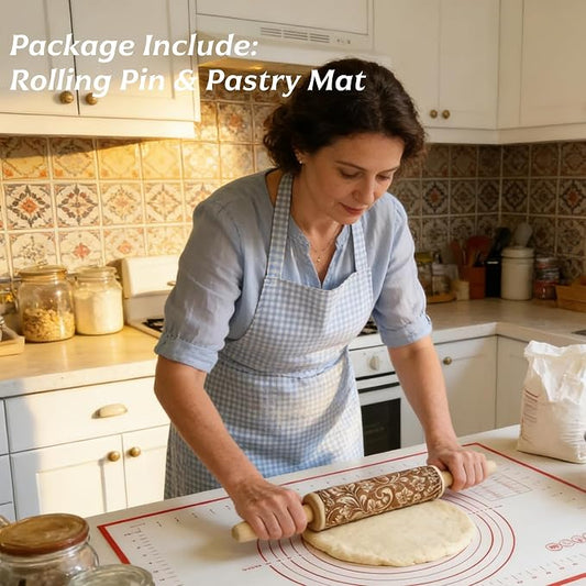 Wooden Rolling Pin & Pastry Mat Set, Engraved Dough Roller for Baking by HHTOAR