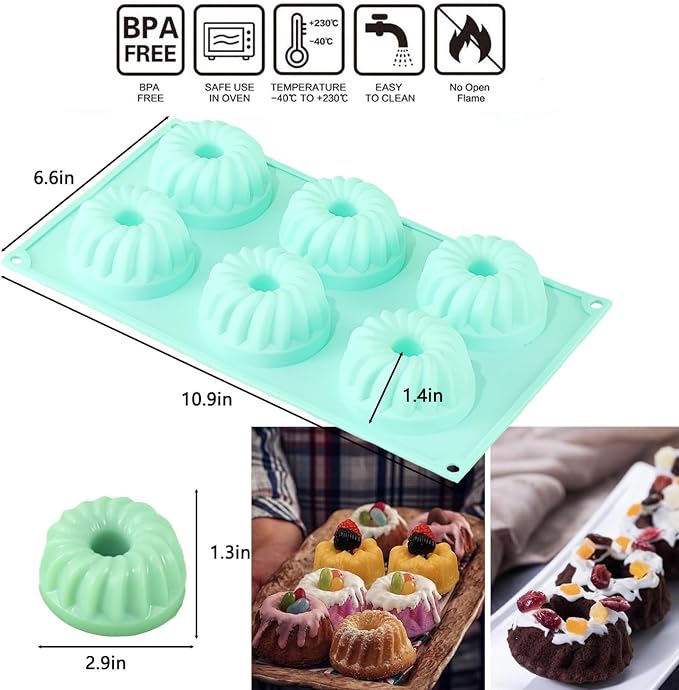 3Pcs Silicone Baking Cake Pan, 6-Cavity Nonstick Baking Molds,Mini Jello Molds Silicone,Mini Fluted Cake Pans, Cupcake Mold for chocolate, Donut, Jelly