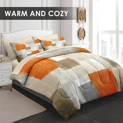 Pamnest Comforter Set Queen Size, Beige Grey Abstract Painting 7 Pcs Bedding for Kids and Adults, Orange Gray Contemporary Bed Sheet Sets with Fitted Sheet 2 Pillowcase & 2 Sham for Bedroom Bed Decor