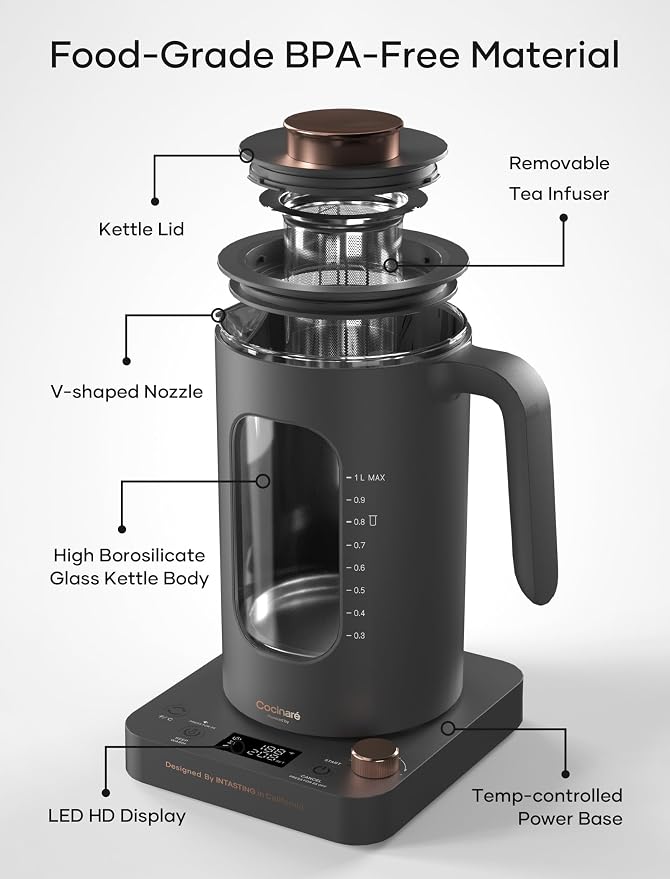 INTASTING Electric Tea Kettle, Electric Kettle with Tea Infuser, ±1℉ Knob Temperature Control, BPA-Free Glass, 1200W Fast Heating, Easy to Clean, 1 Liter (Dark Gray)