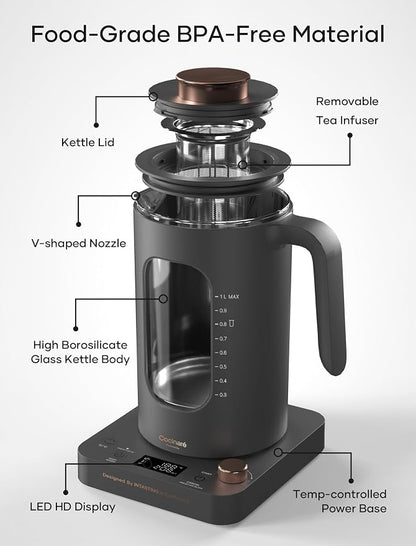 INTASTING Electric Tea Kettle, Electric Kettle with Tea Infuser, ±1℉ Knob Temperature Control, BPA-Free Glass, 1200W Fast Heating, Easy to Clean, 1 Liter (Dark Gray)