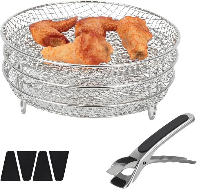 3pcs Round Air Fryer Racks, 8 inch Stainless Steel Stackable Air Fryer Basket Round Air Fryer Grill Rack with Silicone Feet & Clip Air Fryer Accessories for Air Fryer, Oven