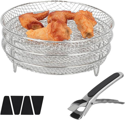 3pcs Round Air Fryer Racks, 8 inch Stainless Steel Stackable Air Fryer Basket Round Air Fryer Grill Rack with Silicone Feet & Clip Air Fryer Accessories for Air Fryer, Oven