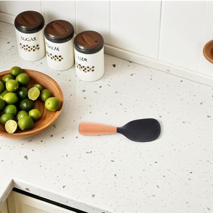MAGICLULU Silicone Wooden Rice Paddle Kitchen Utensils Cooking Ladle Handle (Black)
