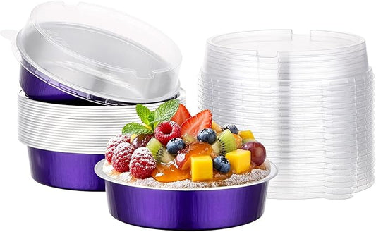 Beasea 7.3oz Cheesecake Pan with Lids, 20 Pack 4 Inch Round Aluminum Foil Disposable Tart Tins, Cupcake Container with Lids Mini Pie Tart Pans Baking Cups For Pizza Quiche - Violet Purple